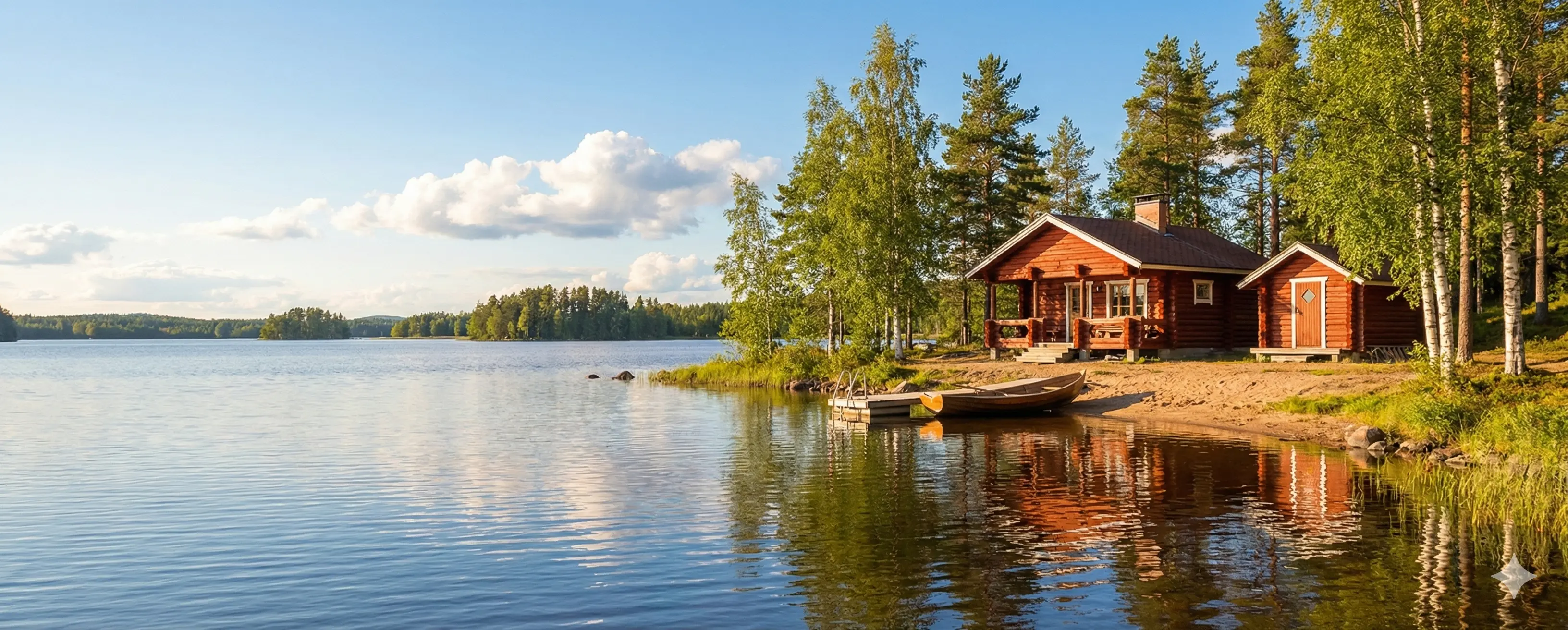 Moderni suomalainen mökki järven rannalla sumuisena aamuna